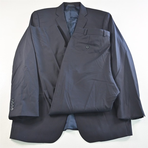 Calvin Klein 44L 34x32 Navy Blue Striped 100% Wool Slim Mens Jacket Pants Suit